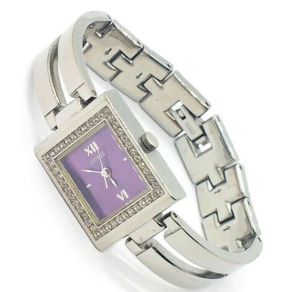 Guess Women's Watch Purple Dial Rhinestone Stainless Steel Quartz - New Battery